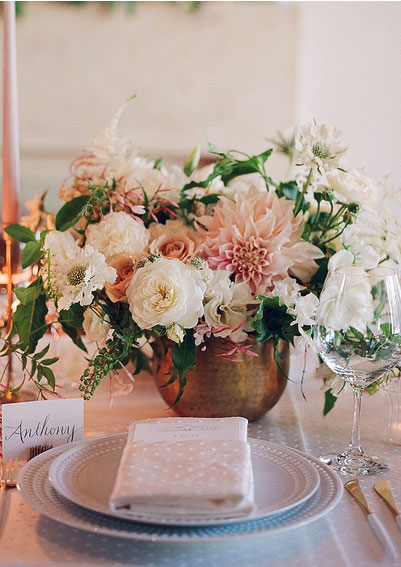 Bouquet of flowers at a place setting 